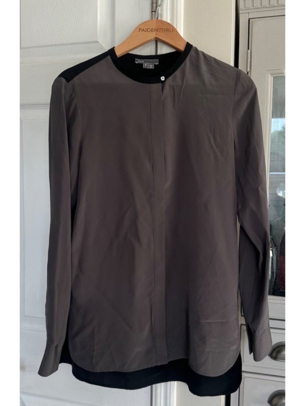 Vince Womens 8 Gray Black Long Sleeve Silk Color Block Tunic Minimalist Office